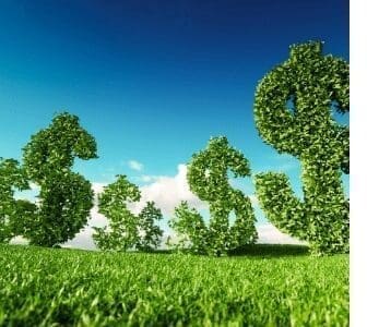 Uma paisagem com enormes plantas em formato de cifrão verde que representa lucro da Economia verde e a sustentabilidade Econômica
