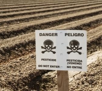 Duas placas com desenhos de caveiras mostram o perigo e os desafios da agricultura com o uso de agrotóxicos