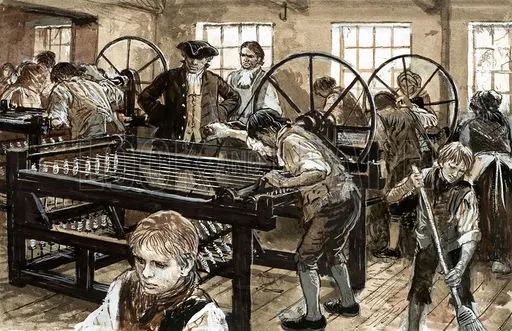 Uma pintura mostra homens trabalhando no início da revolução industrial
