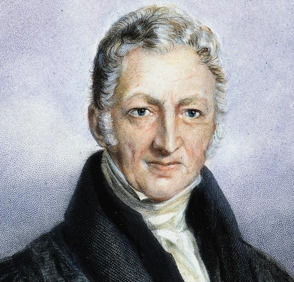 Pintura de Thomas Malthus, um homem branco de meia-idade, com cabelos grisalhos.