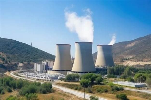 Uma usina que gera energia por meio da geotermia, grandes torres liberando vapor de água.