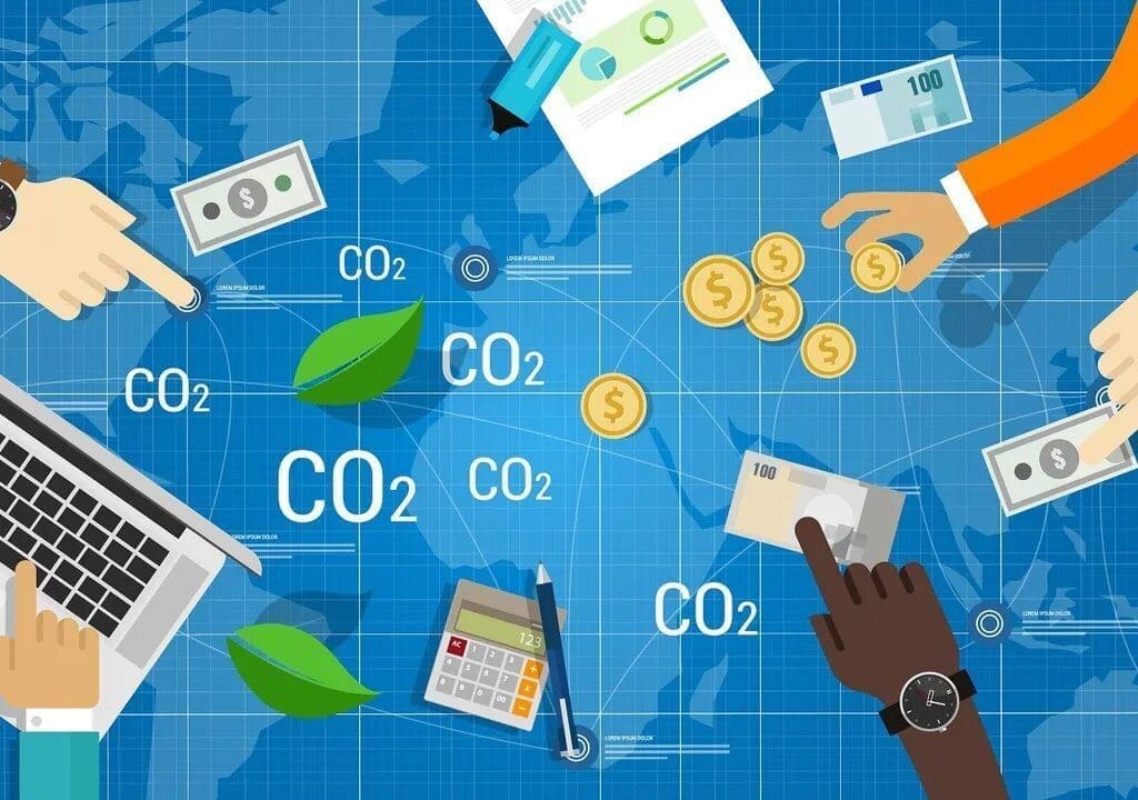 Ilustração com computador, notas, moedas, calculadora, mãos e vários símbolos de CO2 sobre um mapa- múndi.