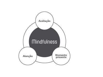 Um diagrama com círculos escrito: mindfulness e círculos ao entorno com os escritos: aceitação, atenção e momento presente.