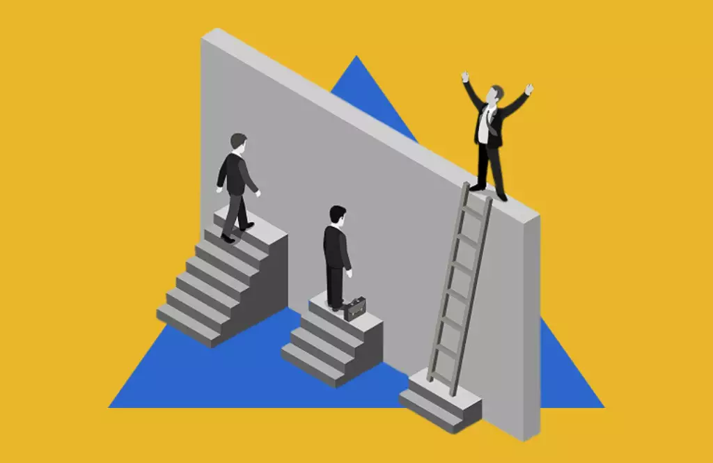 Saúde e Mobilidade social: desenho de um muro e duas pessoas tentando subir com poucos degraus, longe do topo e uma pessoa com que utilizou a escada conseguiu escalar o muro, ela comemora sua vitória.