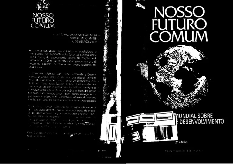Imagem em preto mostra uma cópia do Relatório Brundtland com letras brancas.