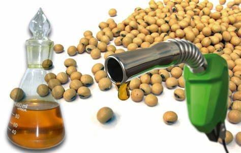 Grãos de soja, torneira de abastecimento de biocombustível e um líquido marrom representando Bioenergia no Brasil.