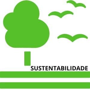 Um desenho de uma árvore e pássaros voando e escrito de preto "sustentabilidade" .