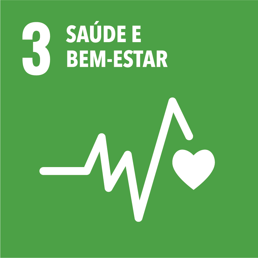 Logo do ODS 3 - saúde e bem-estar, um fundo verde com o desenho de um eletrocardiograma em branco e um coração na ponta.