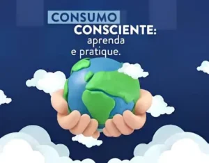 Mãos seguram o planeta clamando pela produção e consumo consciente.