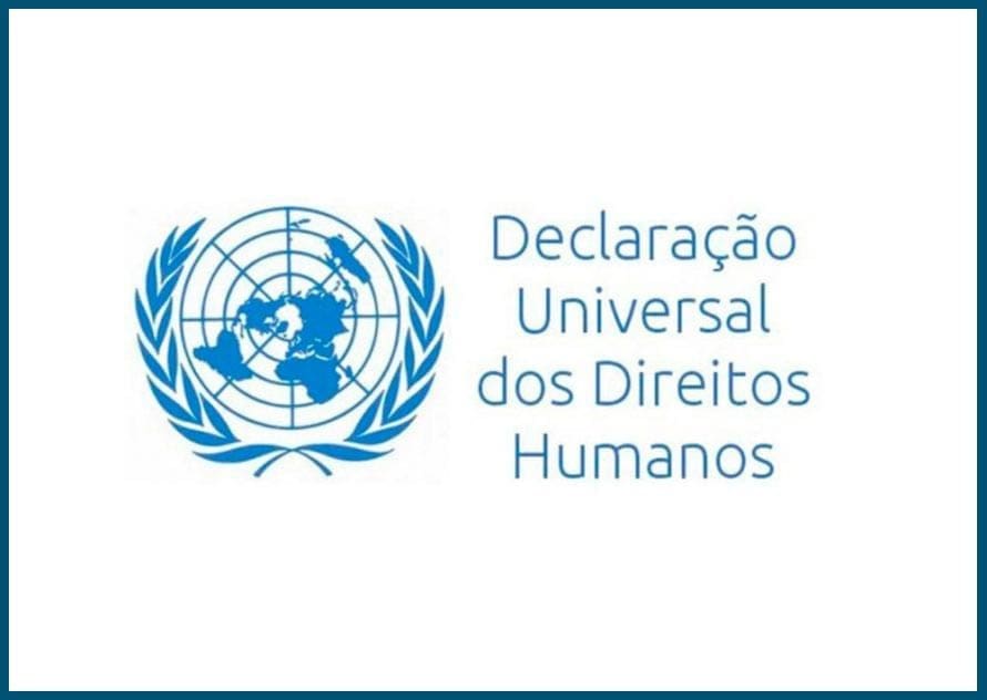 Globo terrestre visto de cima com dois ramos a cada lado e escrito de azul: Declaração dos direitos humanos.