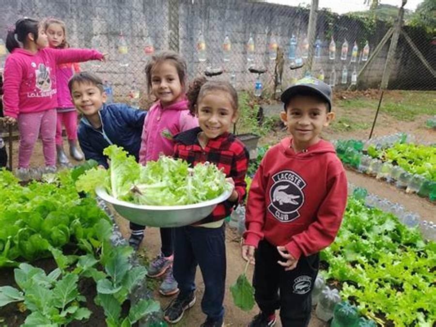 Crianças mostrando colheita de verduras da sua Horta comunitária