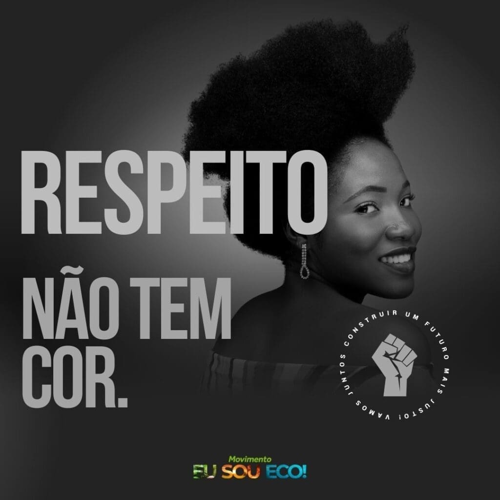 Imagem contra a discriminação racial: uma mulher negra e elegante sorri e está escrito: "respeito não tem". Há também a logo da luta contra o racismo: um punho fechado.
