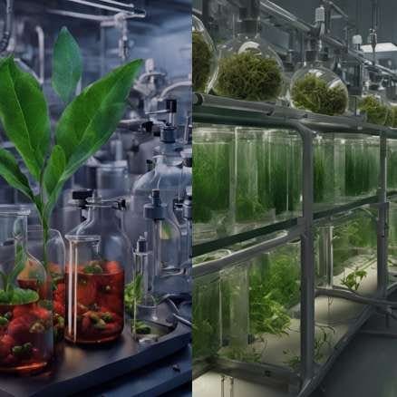 Laboratório com várias vidrarias contendo plantas em seu interior representando o termo biotecnologia