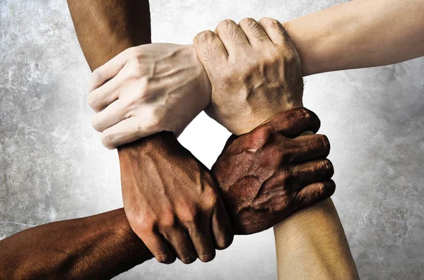 Quatro mãos e braços, sendo duas brancas e duas negras, se conectam em apertos cruzados representando uma luta de racismo
