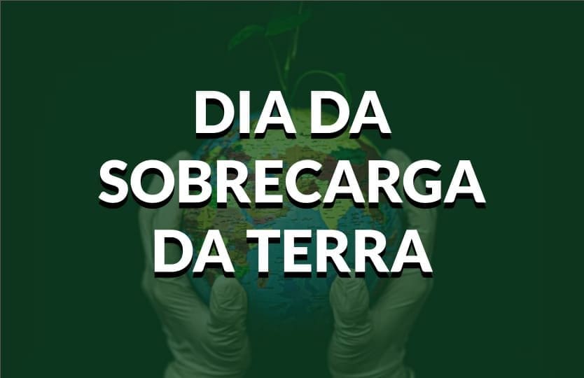 Uma pessoa segurando o globo terrestre e uma muda de planta nascendo dele e escrito em letras brancas: dia da sobrecarga da Terra.