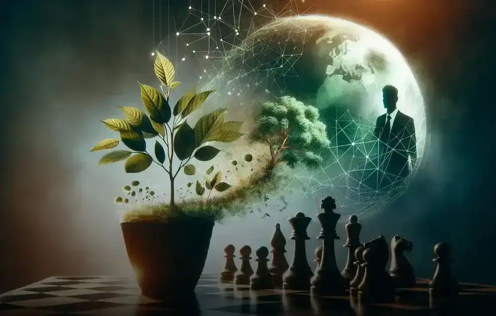 Imagem produzida por IA mostra um globo terrestre com um homem de terno refletindo sobre o crescimento, ou desenvolvimento sustentável como um jogo de xadrez