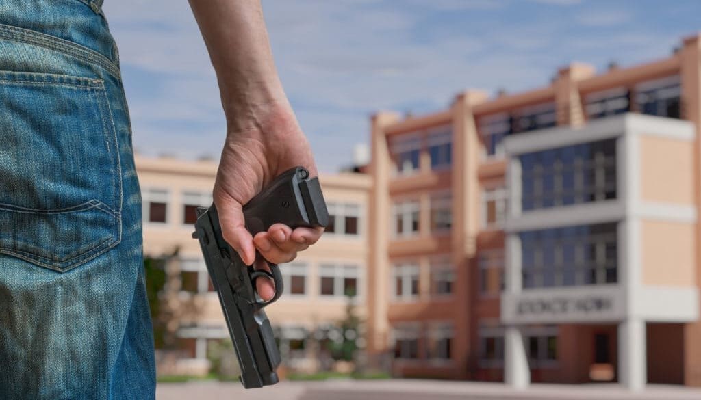 Imagem que ilustra Violência urbana no Brasil, uma edificação ao fundo e uma mão à frente portando uma arma.