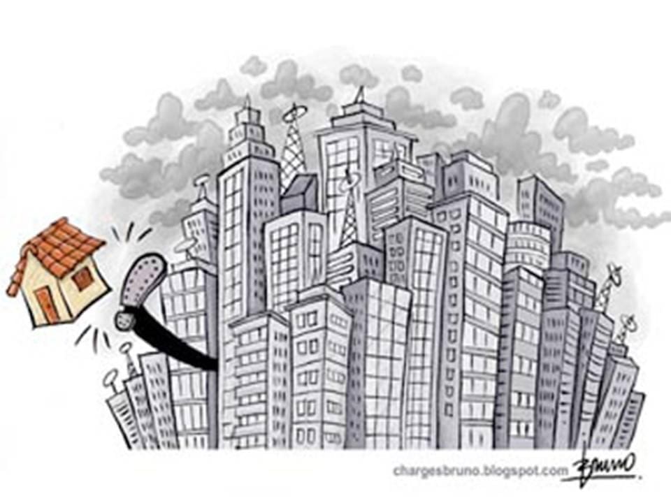 Ilustração sobre Gentrificação, vários prédios e um perna saindo no meio deles chutando uma casinha para fora do lugar.