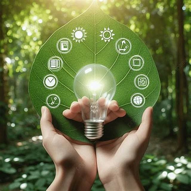 Duas mãos seguram uma lâmpada acesa à frente de uma grande folha verde, simbolizando ideias sustentáveis e a biocapacidade do planeta. Ao redor da lâmpada, aparecem ícones relacionados ao meio ambiente, tecnologia e conservação, com uma floresta ao fundo.