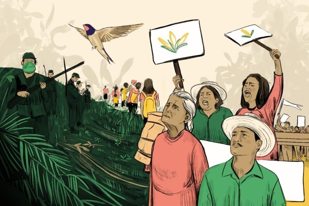 Desenho de agricultores protestando no campo a favor de políticas de justiça climática. Levantam cartazes com desenho de milho, do lado oposto há segurança armada em uma área sendo desmatada.