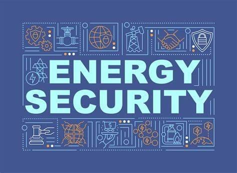 Ilustração com vários ícones de sustentabilidade e escrito em inglês: Segurança Energética