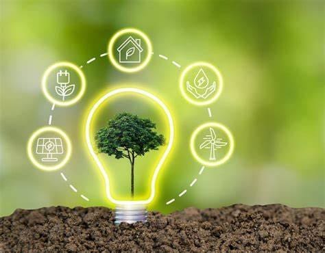Uma lâmpada com uma árvore em seu interior, e ao redor setores da sociedade, representando a Transição Energética
