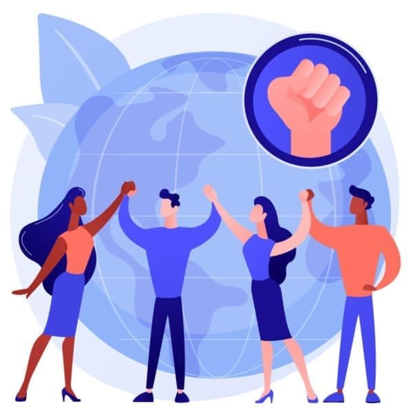 Desenho representativo das ações de programas sociais no Brasil, pessoas à frente do globo terrestre com as mãos levantadas e unidas.