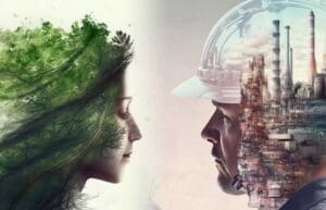 Imagem de uma mulher com a cabeça repleta de áreas verdes e logo a frente um homem com a cabeça repleta de mecanismos tecnológicos representando Inteligência Artificial e Sustentabilidade