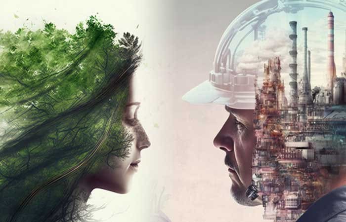 Imagem de uma mulher com a cabeça repleta de áreas verdes e logo a frente um homem com a cabeça repleta de mecanismos tecnológicos representando Inteligência Artificial e Sustentabilidade