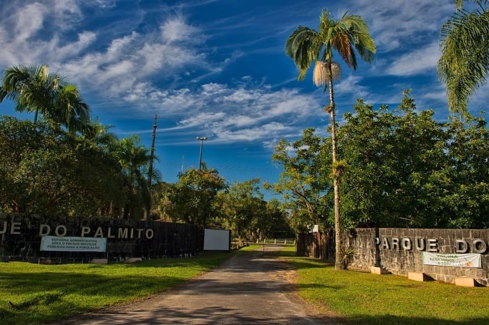 Parque Estadual do Palmito, entrada do parque tem muros gravados com o nome do parque e estrada margeada por vegetação diversa