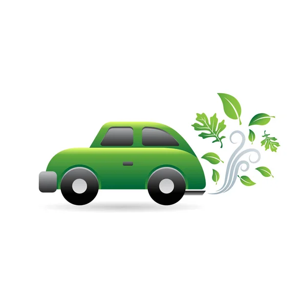 Um carro verde eliminando pelo escapamento a representação de combustíveis sustentáveis, o vapor é transparente e cheio de folhas.