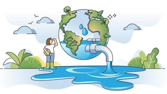 Uma garota observa uma ilustração que mostra o planeta desperdiçando água e chama a atenção para Economizar água