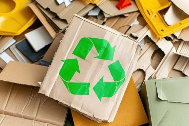 Várias caixas de papéis biodegradáveis marrom e em uma delas tem o símbolo da reciclagem.