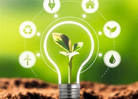 Uma muda de planta em uma lâmpada e ao redor vários ícones referentes a recursos energéticos renováveis.