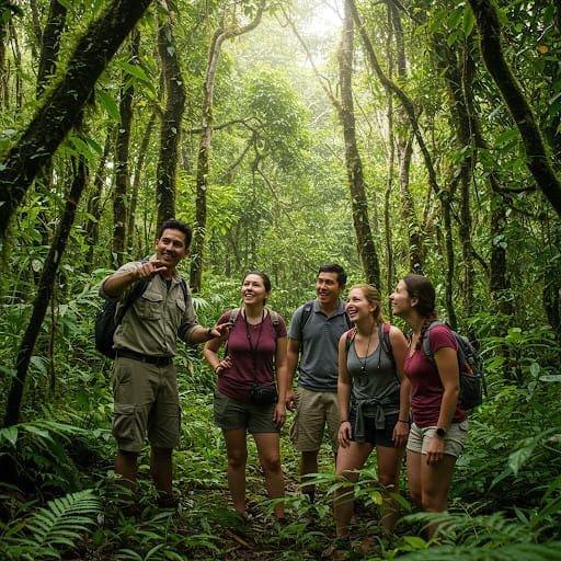 Vários estudantes estão ouvindo a aula sobre ecoturismo de um guia em mata fechada com árvores altas - imagem gerada por IA