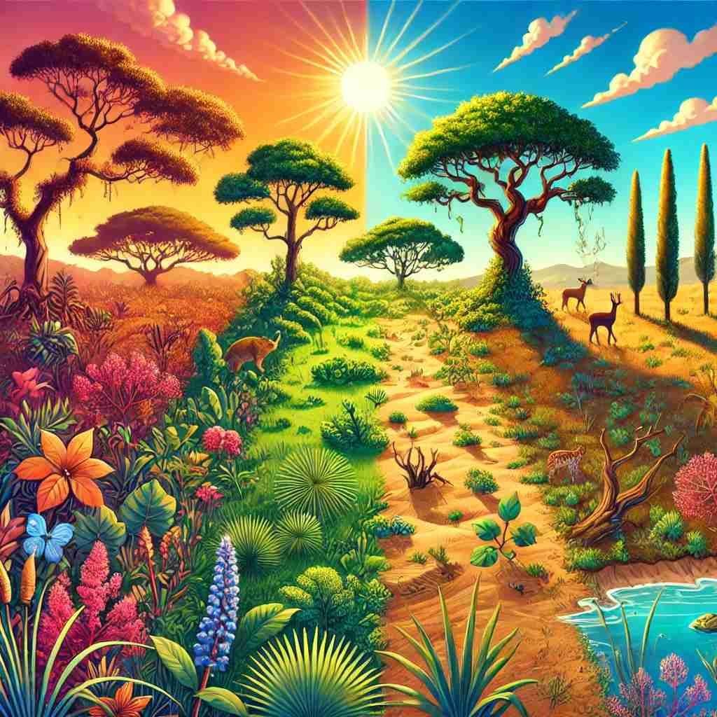 Epinociclo representado em uma ilustração de uma bela floresta com várias árvores, cores vibrantes e muita vegetação.