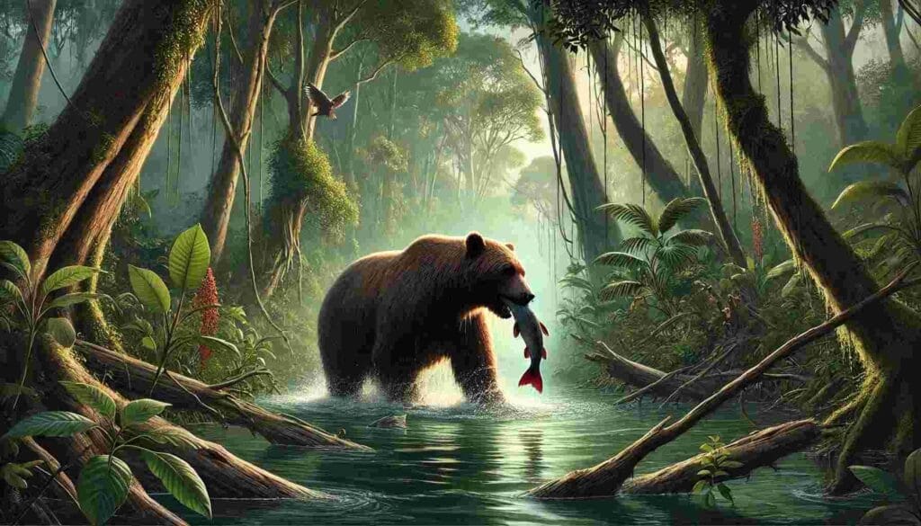 imagem ilustrativa do dia nacional da vida selvagem: um urso carrega um peixe pela boca, ele está passando por um rio de águas rasas em uma floresta exuberante.