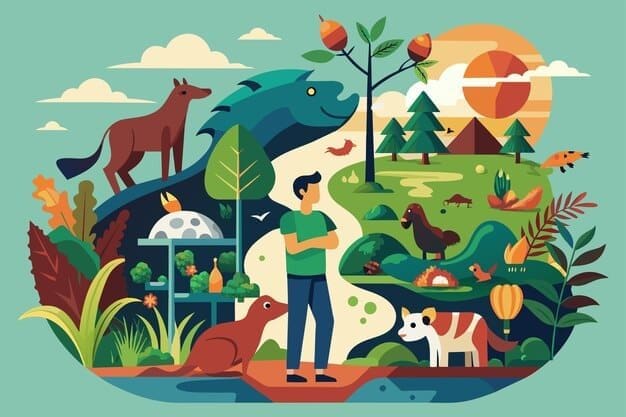 Uma ilustração representando a autoecologia: um rapaz ao centro da imagem e animais e paisagens naturais ao seu redor.