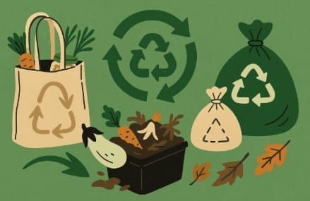 Ilustração em estilo flat representa o conceito Lixo Zero com desenhos de sacola reutilizável, pote de vidro, símbolo de reciclagem, composteira e sacos de recicláveis.