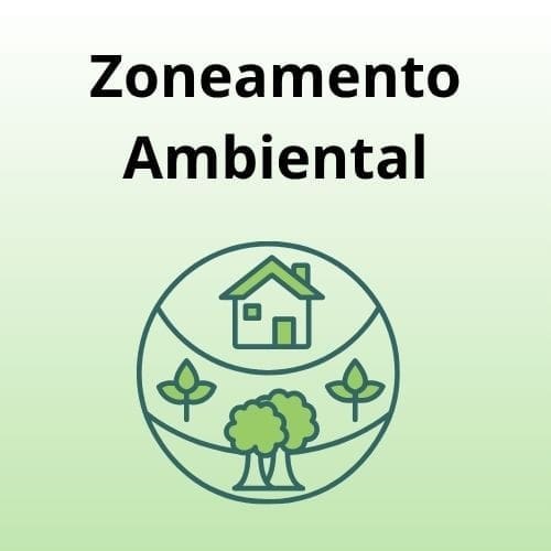 Uma frase escrita exibe: Zoneamento ambiental e embaixo uma ilustração de um globo com folhas, árvores e uma casa ecológica