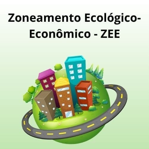 Mostra um planeta com prédios coloridos com uma estrada em volta, sugerindo o ZEE, ou seja, o Zoneamento Ecológico-Econômico