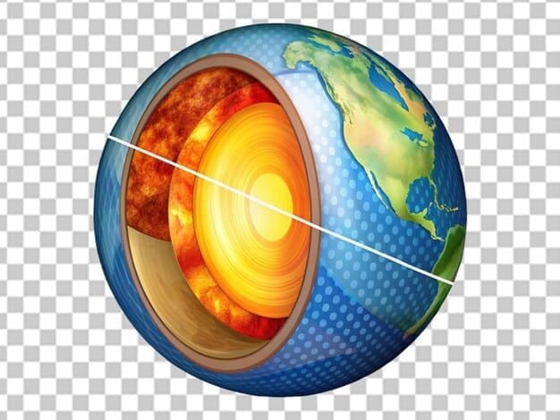 Desenho representativo do núcleo terrestre: o globo com um corte longitudinal e suas divisões: o núcleo interno no centro de coloração amarelo- claro e núcleo externo maior e maior corada.