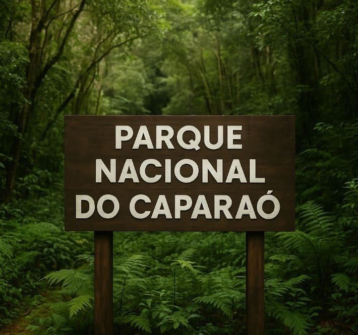 Placa de madeira exibe: Parque Nacional do Caparaó em cenário de mata atlântica densa e vegetação preservada.