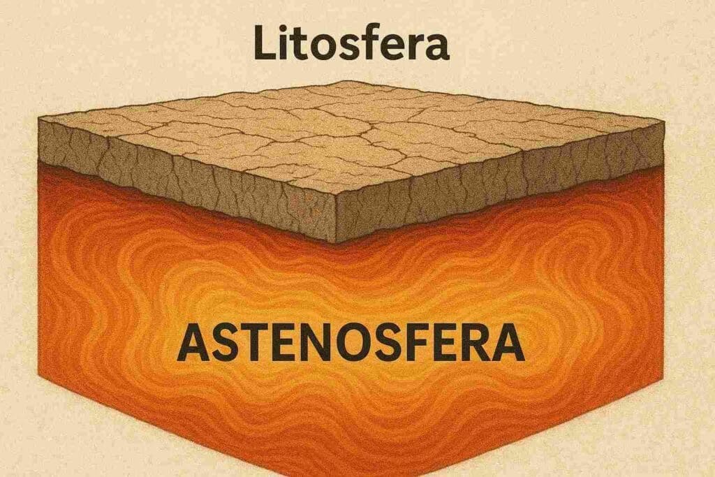 Recorte das camadas terrestres litosfera em marrom e as astenosfera em laranja e amarelo.