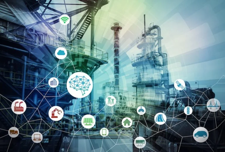 Indústrias de tecnologias limpas com símbolos sobre sustentabilidade unidos.