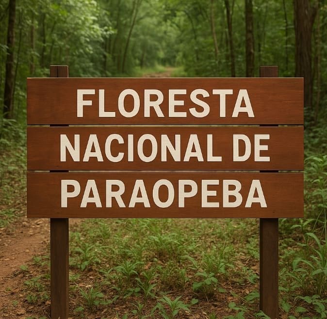 Placa de madeira ao centro exibe: “Floresta Nacional de Paraopeba” em branco, em meio a trilha florestal cercada por vegetação verde e densa.