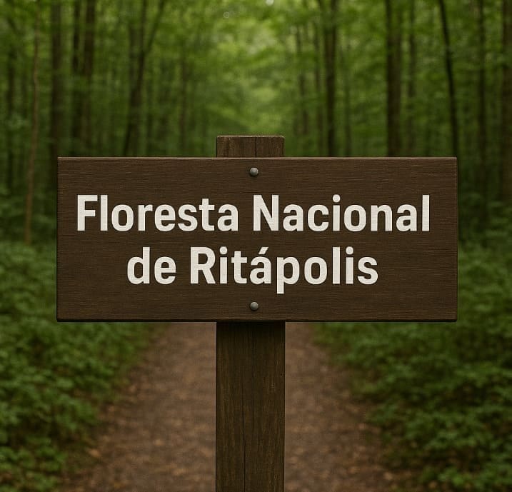 Placa de madeira exibe: “Floresta Nacional de Ritápolis”, no centro de uma trilha cercada por vegetação densa.