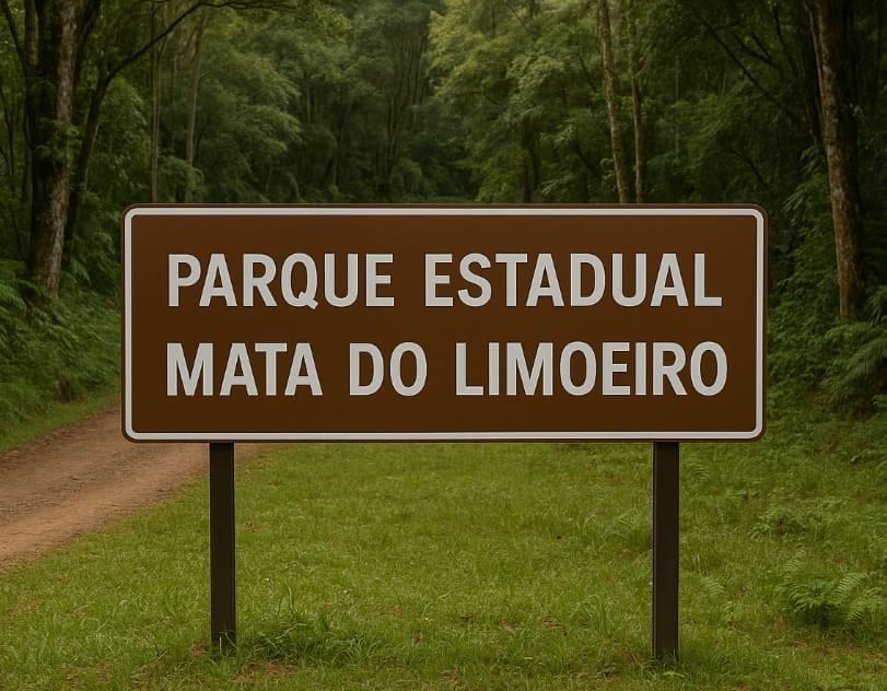 Placa marrom exibe “Parque Estadual Mata do Limoeiro” em meio à vegetação nativa e estrada de terra ao fundo.