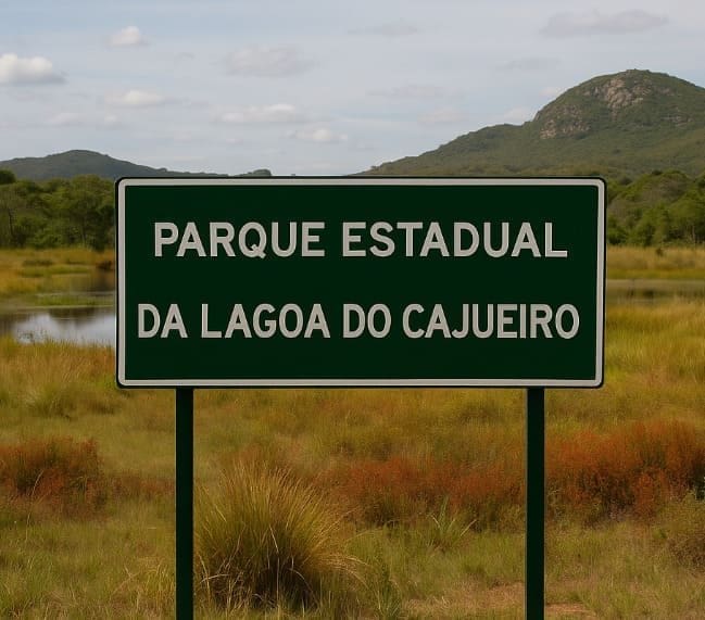 Placa verde exibe “Parque Estadual da Lagoa do Cajueiro” em meio à vegetação nativa e colinas ao fundo.