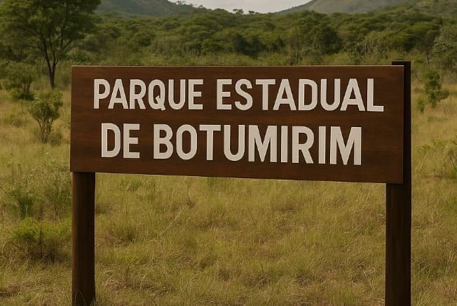 Placa de madeira exibe: “PARQUE ESTADUAL DE BOTUMIRIM”, ao centro de uma paisagem típica do Cerrado, com vegetação rasteira e serras ao fundo.